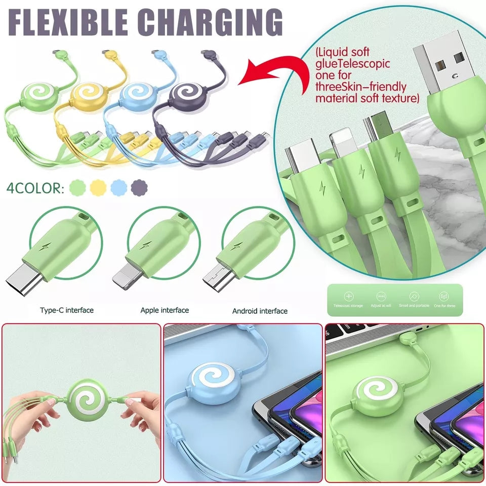 3 In 1 Usb Charging Cable Usb To Micro Usb/ type-c/8pin Kable For Iphone13 12 Retractable Charger Cable 100cm 3a Fast Charge Cord